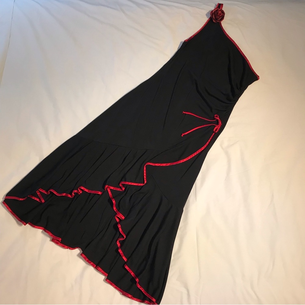 One shoulder red & black rose ruffle cocktail dress